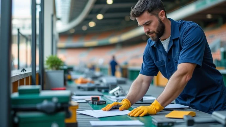Équipe technique installant du matériel événementiel dans un stade