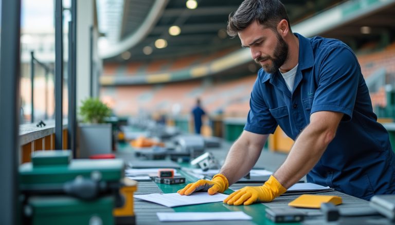 Équipe technique installant du matériel événementiel dans un stade