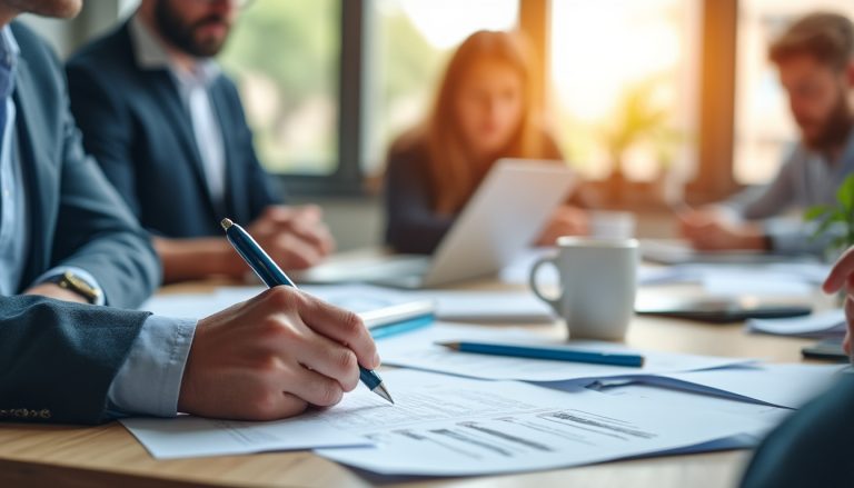 Deux professionnels consultent un tableau de salaires lors d'un entretien