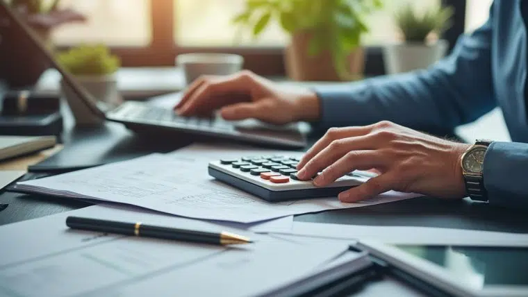 Bureau avec calculatrice et fiche de paie pour calculer le coût d'un salarié