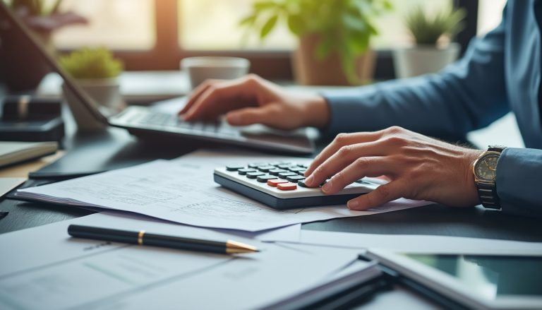 Bureau avec calculatrice et fiche de paie pour calculer le coût d'un salarié