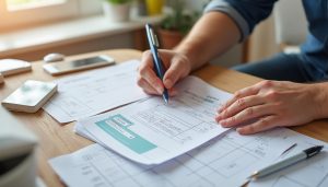 Jeune parent consultant un bulletin de salaire près d'un berceau