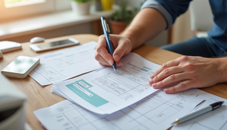 Jeune parent consultant un bulletin de salaire près d'un berceau