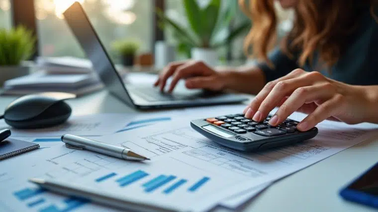 Indépendant calculant la différence entre revenu brut et net sur son ordinateur