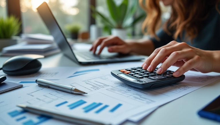 Indépendant calculant la différence entre revenu brut et net sur son ordinateur