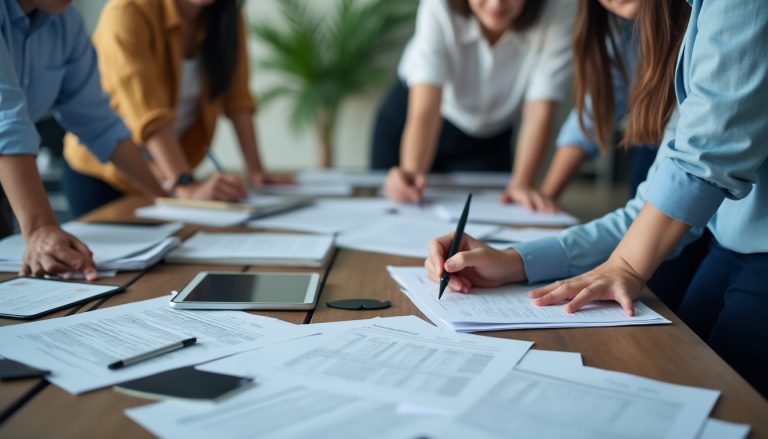 Réunion en entreprise autour de documents de salaires et de bulletins de paie