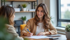 Demandeur d'emploi lors d'un rendez-vous avec un conseiller en agence France Travail