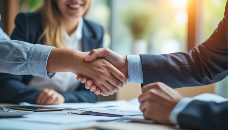 Poignée de main entre un recruteur et un candidat après un entretien d'embauche