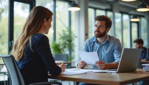 Employeur et salarié discutant d'un avenant au contrat de travail au bureau