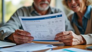 Couple de retraités consultant un relevé bancaire pour vérifier le versement de leur pension