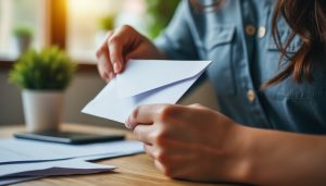 Personne ouvrant une enveloppe suspecte reçue à domicile pour un faux emploi