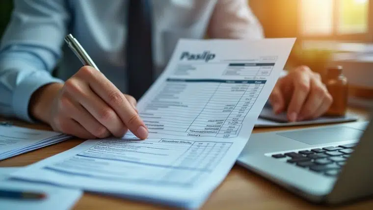 Salarié consultant son bulletin de paie pour vérifier la prime de 13e mois