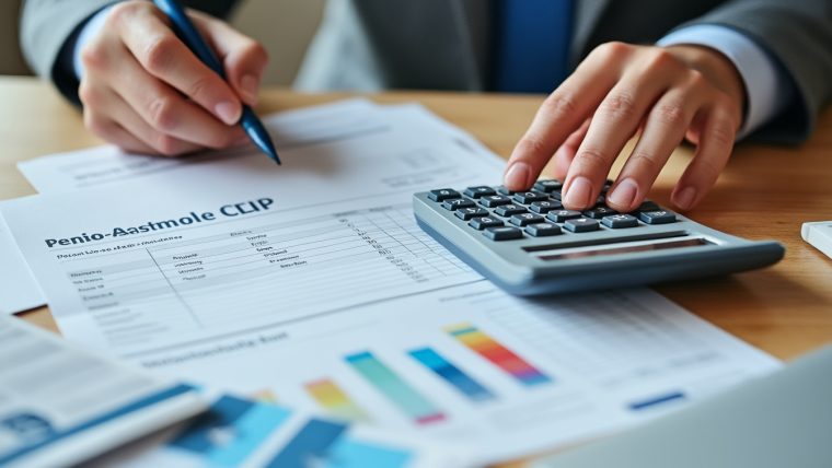 Bulletin de salaire et relevé de pension de retraite posés sur une table avec une calculatrice