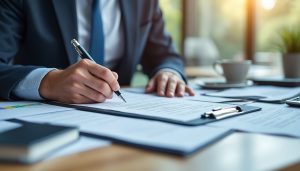 Salarié signant un document de rupture conventionnelle sur un bureau