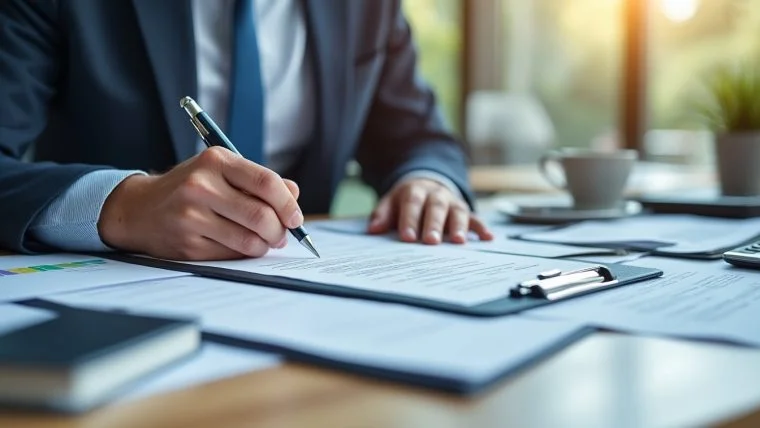 Salarié signant un document de rupture conventionnelle sur un bureau