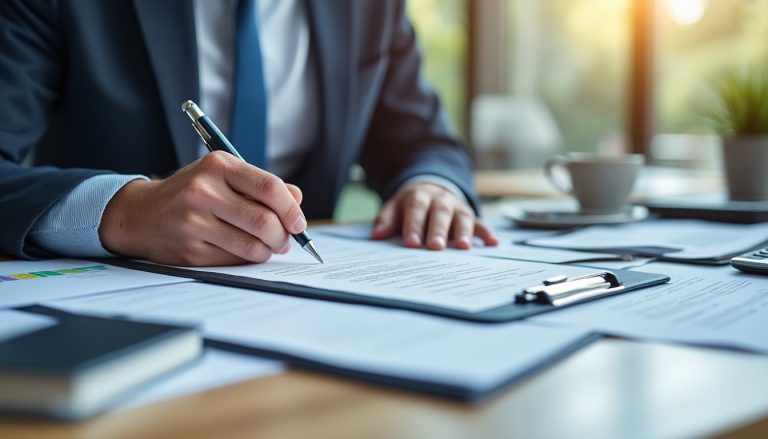 Salarié signant un document de rupture conventionnelle sur un bureau