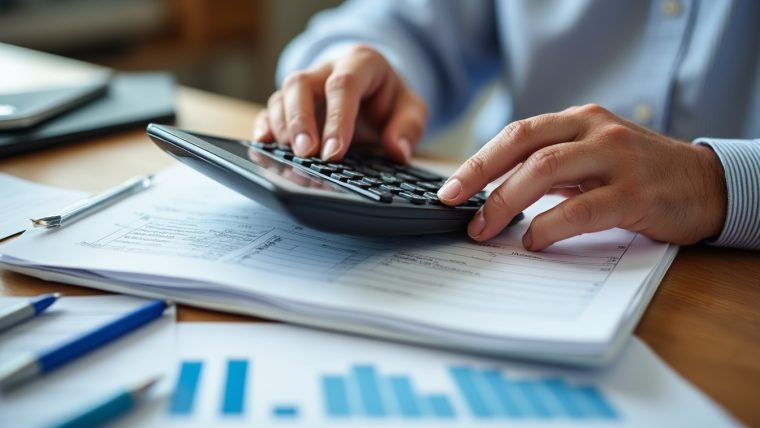 Personne âgée calculant sa pension de retraite avec des documents administratifs