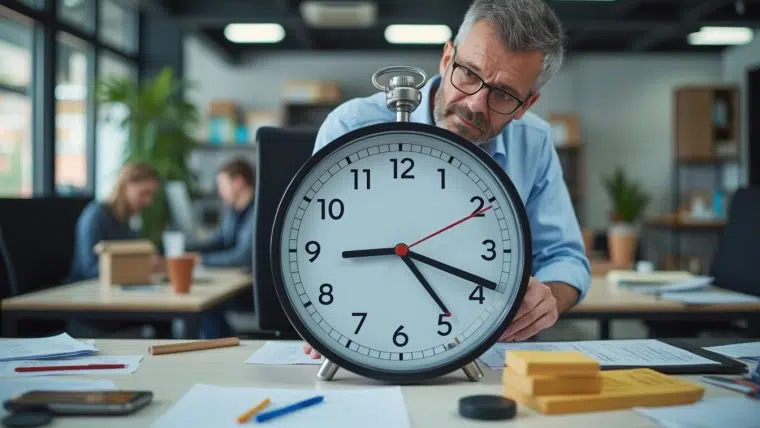 Salarié senior consultant un calendrier au bureau, symbole du recul de l'âge de la retraite