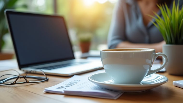 Salarié en télétravail hybride devant son ordinateur portable à domicile