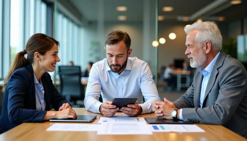 Un manager, une collaboratrice et un collègue plus âgé consultent ensemble des rapports et une tablette sur une table de bureau