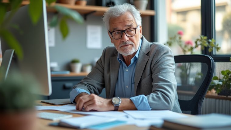 Senior actif au bureau poursuivant son activité après la retraite