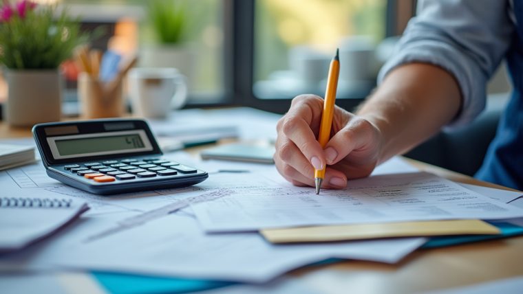 Salarié consultant sa fiche de paie avec une calculatrice pour vérifier son taux horaire